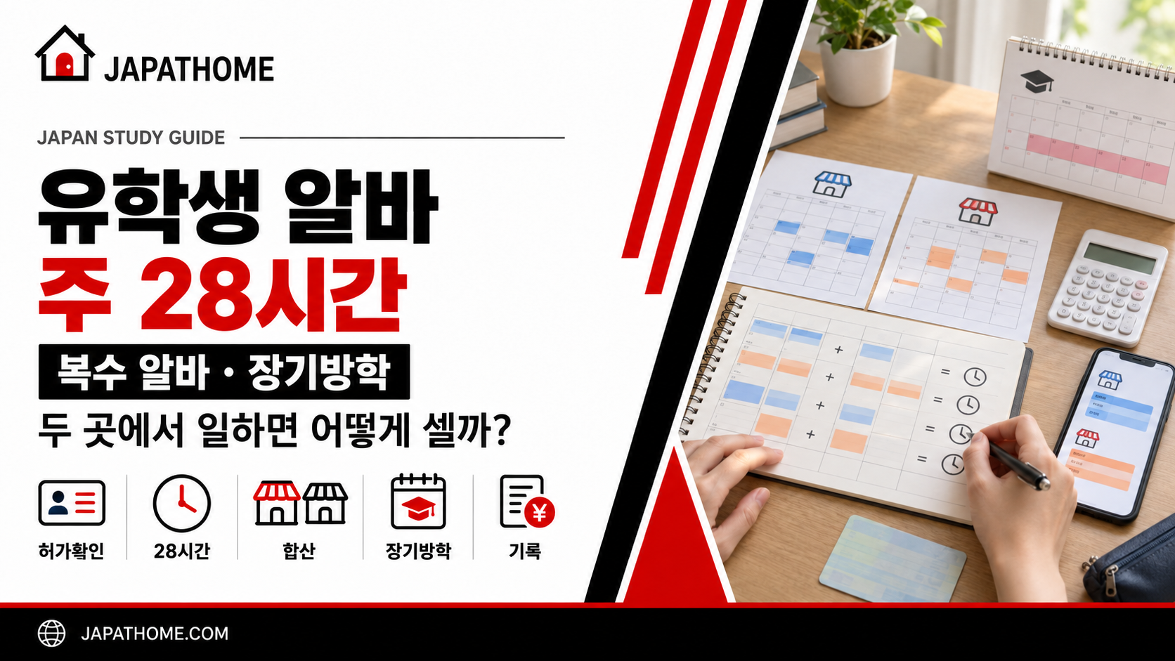 일본 유학생 아르바이트 주 28시간|두 곳에서 일할 때와 방학 기준